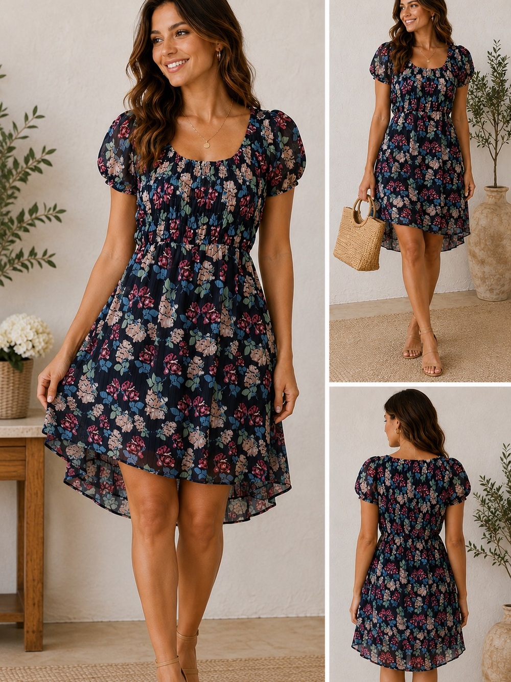 American Rag Flowy Floral Smocked Bodice Short Sleeve Dress Romantic